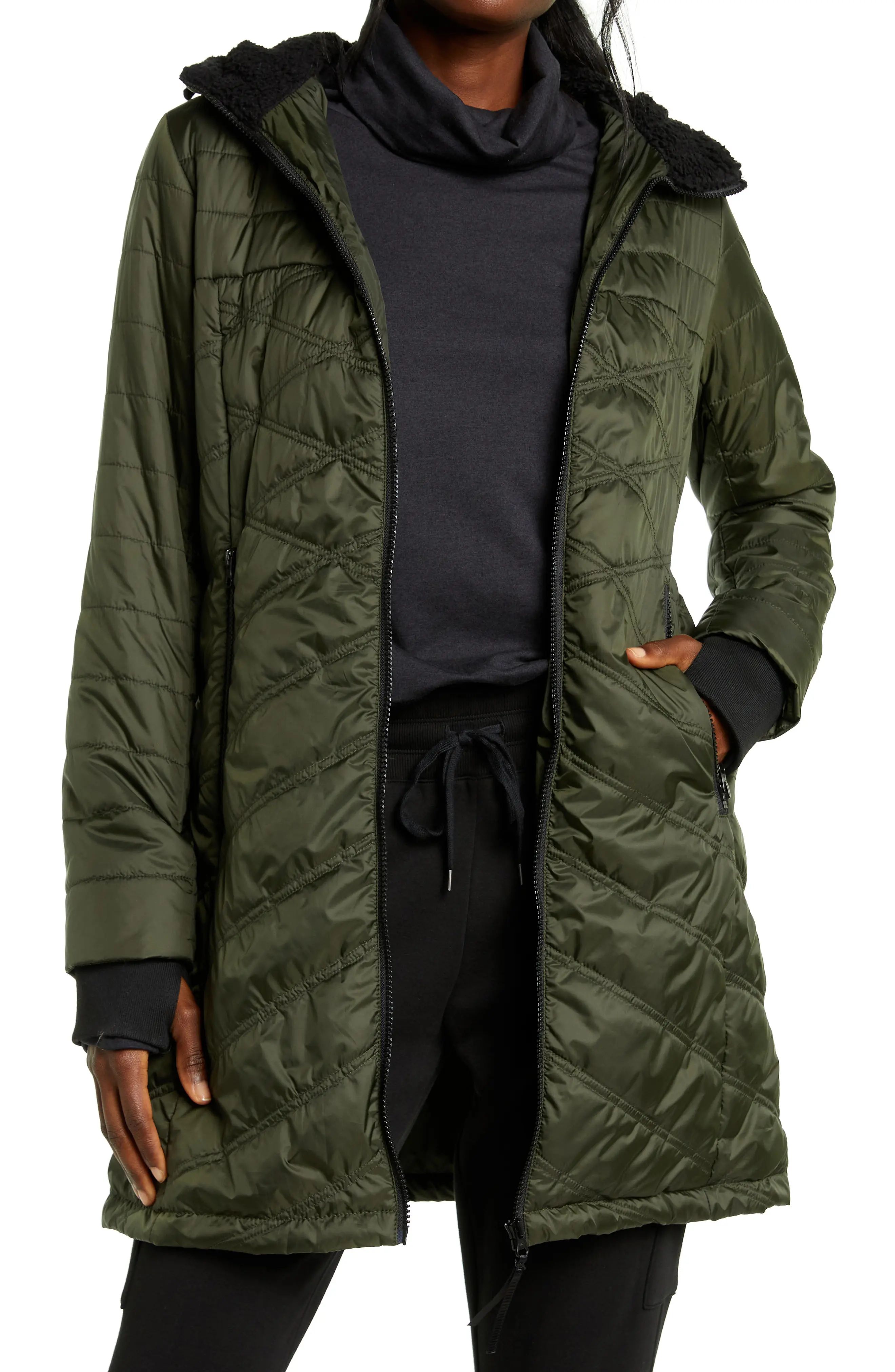 Zella Longline Quilted Recycled Polyester Jacket in Olive at Nordstrom, Size Small | Nordstrom