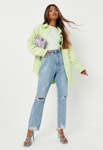 Blue Slim Straight High Waisted Thigh Slash Jeans | Missguided (US & CA)