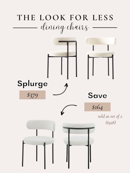 Get the look for less! This identical dupe of the CB2 Inesse Boucle Ivory Dining Chair is half the price per chair & sold as a set of 2! Multiple upholstery options available. 
#lookforless #vibeforless #cb2 #cb2dupe #splurgevssave #diningchair #bouclediningchair