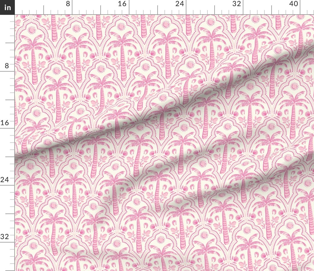 Pink Palm Trees Tropical Coastal Wallpaper Seashell Sun Lemon Boho Pattern Fabric | Spoonflower | Spoonflower
