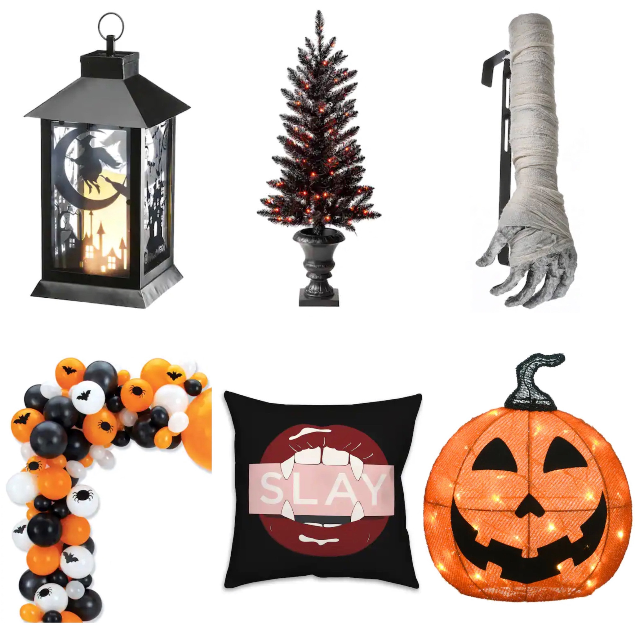 Halloween decor:
Lantern, outdoor tree, wreath holder, balloon arch set, decorative pillow, light up lawn Jack o lantern 

#LTKhome #LTKSeasonal #LTKunder100
