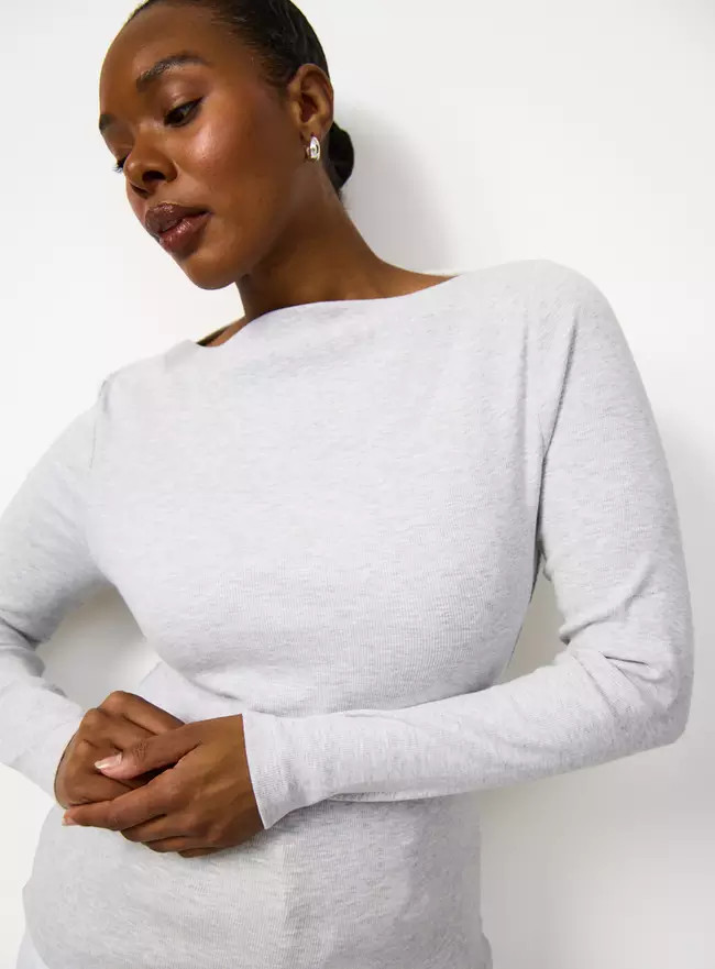 Buy Grey Brushed Ribbed Long Sleeve Slash Neckline Top 24 | T-shirts | Tu | Tu Clothing