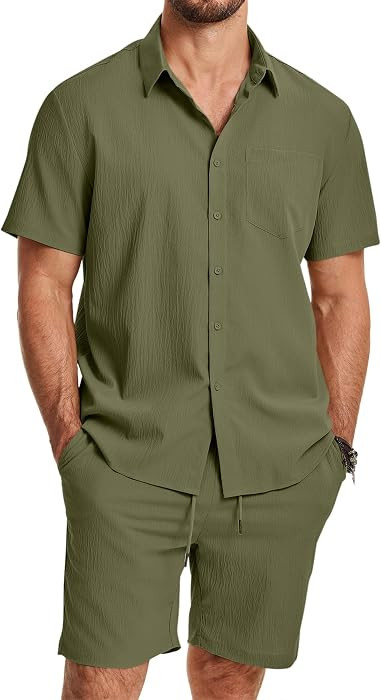 JMIERR Mens 2 Piece Short Sets Short Sleeve Shirts and Shorts Summer Beach Vacation Texture Outfi... | Amazon (US)