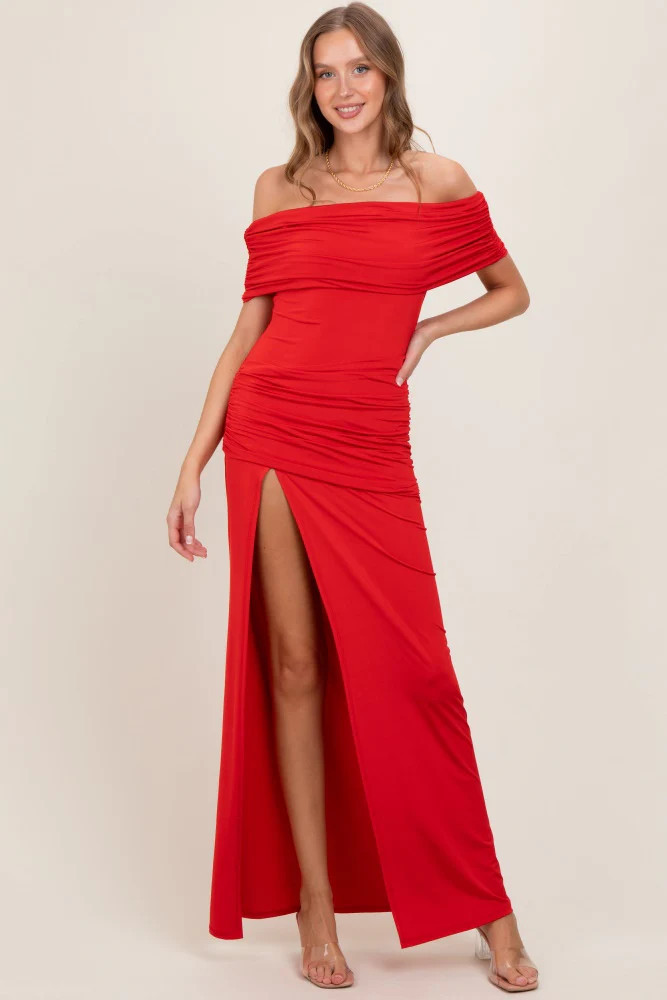 Red Foldover Off Shoulder Ruched High Slit Maxi Dress | PinkBlush Maternity