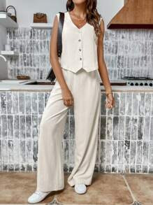 SHEIN Frenchy Button Front Tank Top & Wide Leg Pants  Linen Set | SHEIN