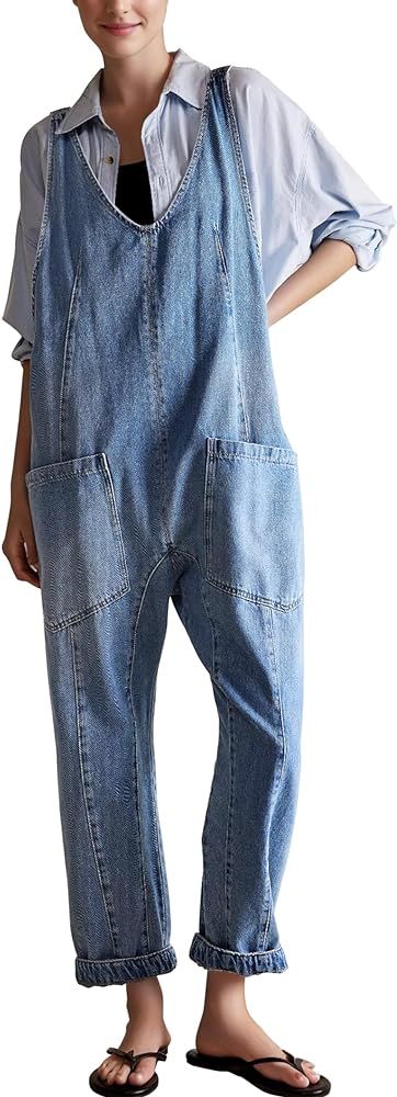 Womens Denim Overalls Jumpsuits Casual Loose Fit Soft Jeans Jumpers with Pockets | Amazon (US)