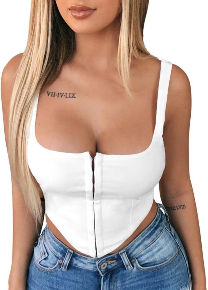 Women's Sexy Sleeveless Central Single-Row Clasp Club & Night Out Crop Tank Top | Amazon (US)