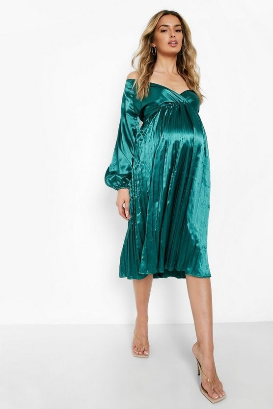 Maternity Pleated Satin Off The Shoulder Midi | Boohoo.com (US & CA)