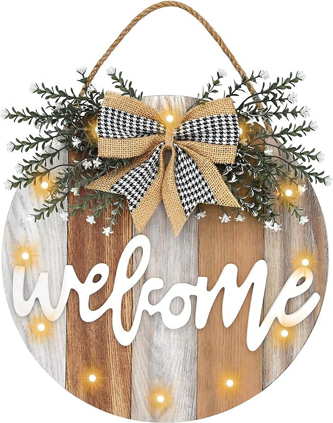 AUING Welcome Sign Front Door Decor Farmhouse Front Porch Decor Wooden Wall Sign with 12 LED Ligh... | Amazon (US)