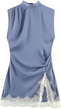 Women's Sleeveless Mock Neck Ruched Asymmetric Lace Trim Dress     Elegant mock neck sleeveless d... | Amazon (US)