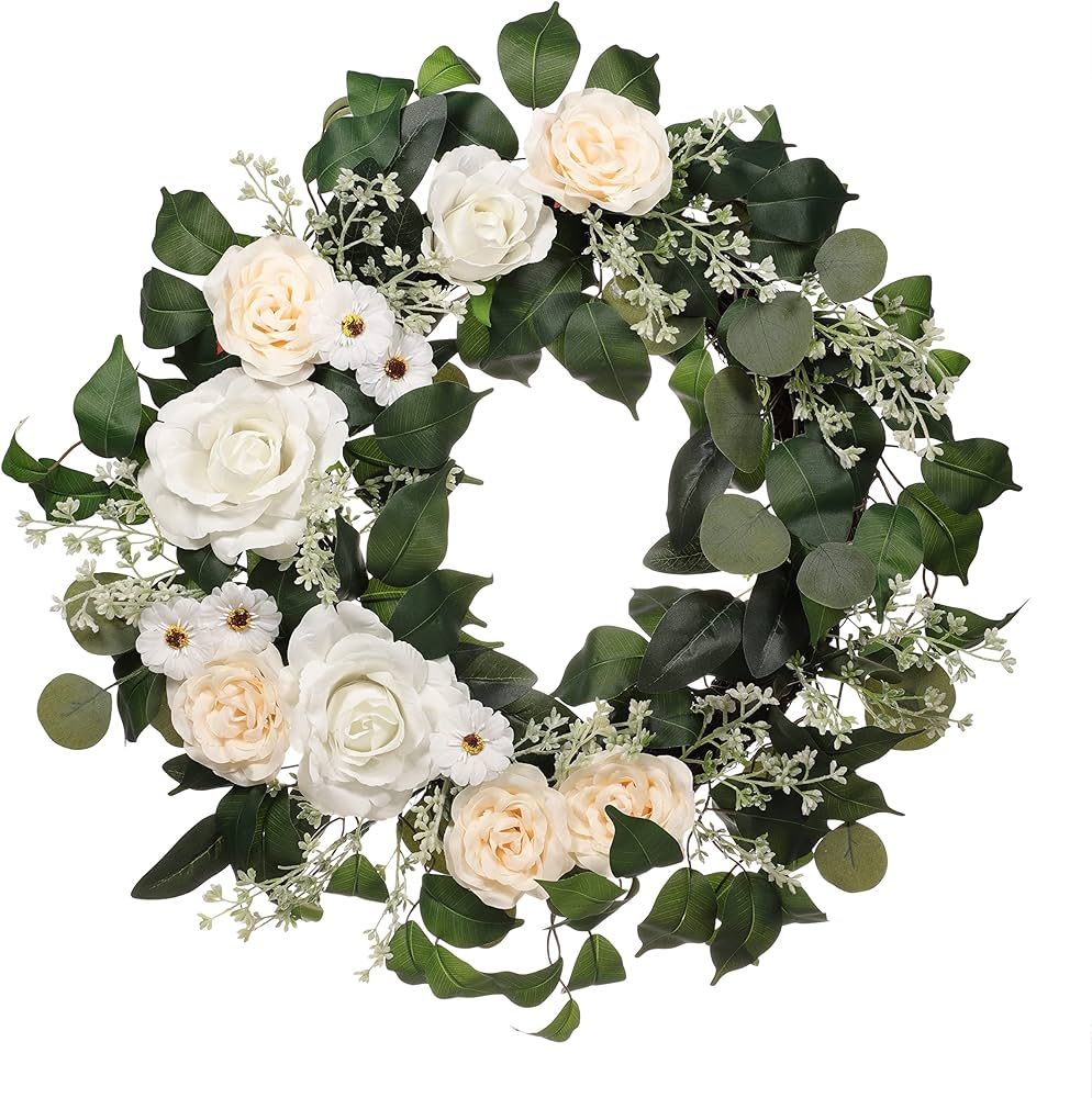 24" Artificial Rose,Camellia,babysbreath Floral Spring Wreath with Green Leaves | Amazon (US)
