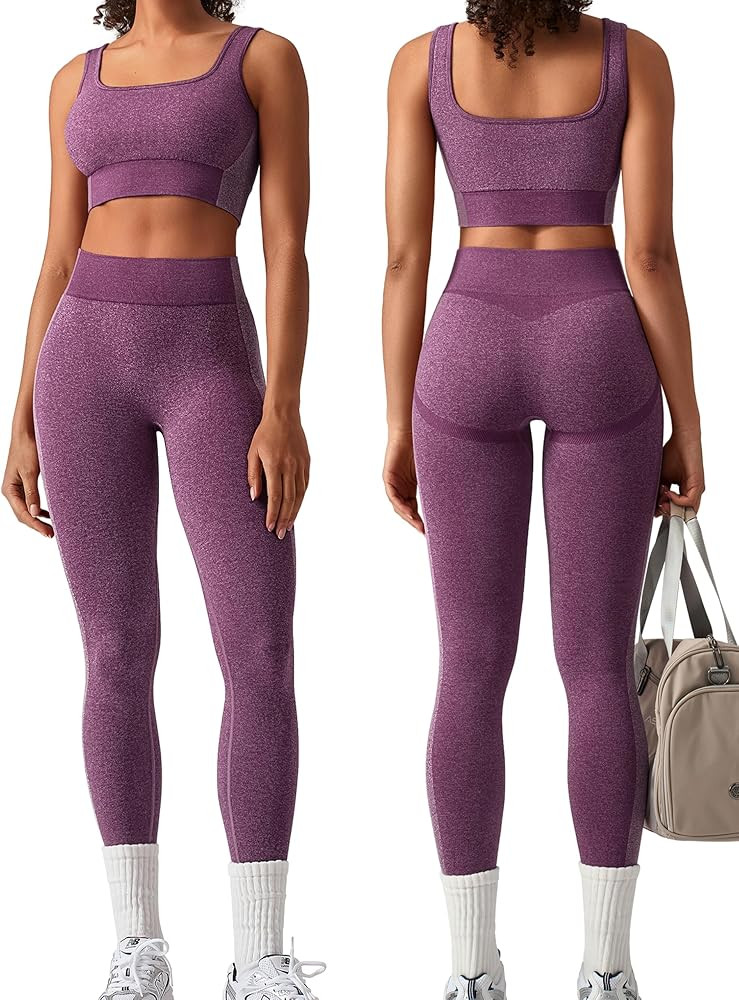 Amazon.com: OLCHEE Womens Workout Sets 2 Piece Seamless Square Neck Sports Bra Padded Butt Liftin... | Amazon (US)