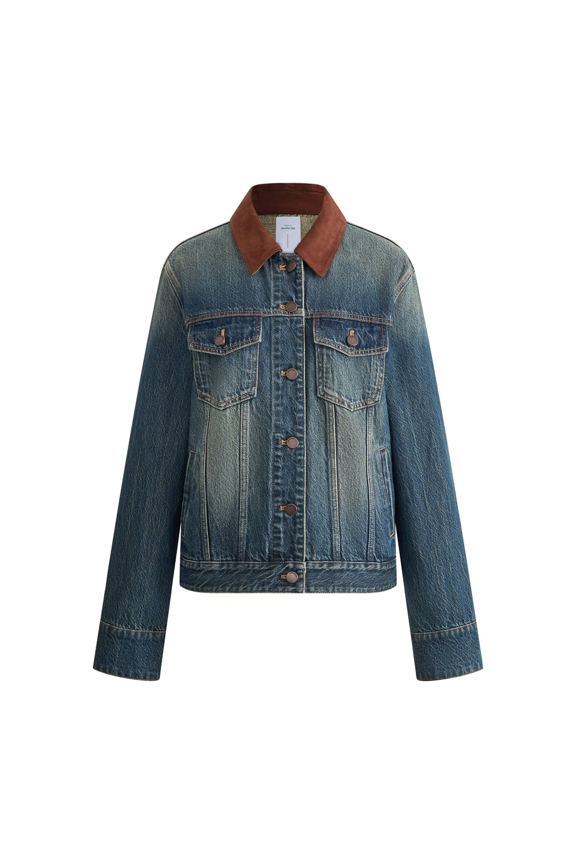 Jennifer Hand Sewn Suede Collar Denim Jacket in Cotton Denim | Fabrique
