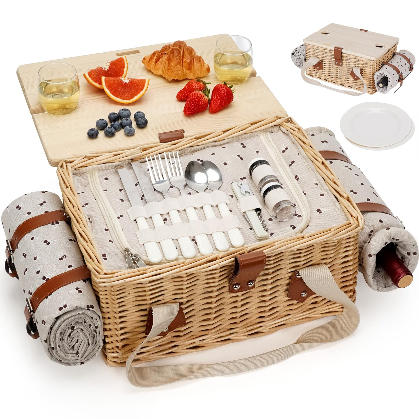 HappyPicnic Picnic Basket for 2, Handmade Wicker Picnic Set with Folding Table and Waterproof Bla... | Amazon (US)