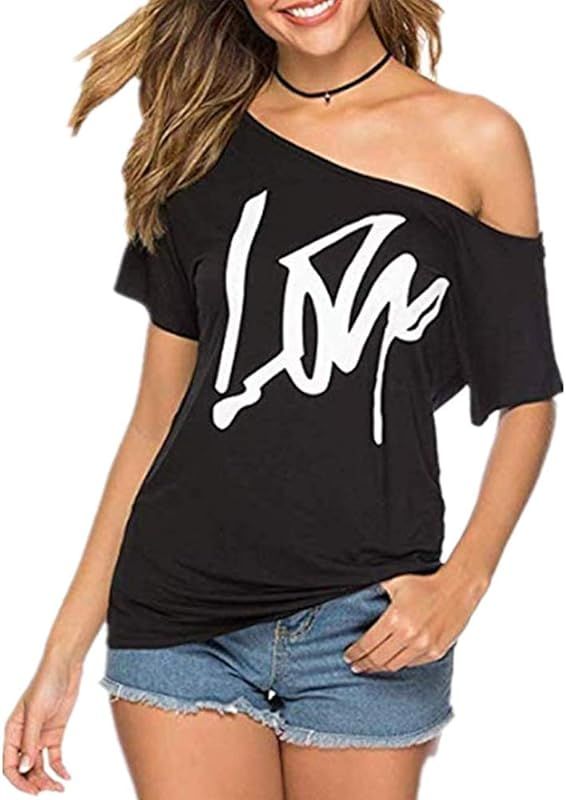 MAGICMK Casual Strapless Short Sleeve Sexy Love Print T-Shirt Off Shoulder Top for Women | Amazon (US)