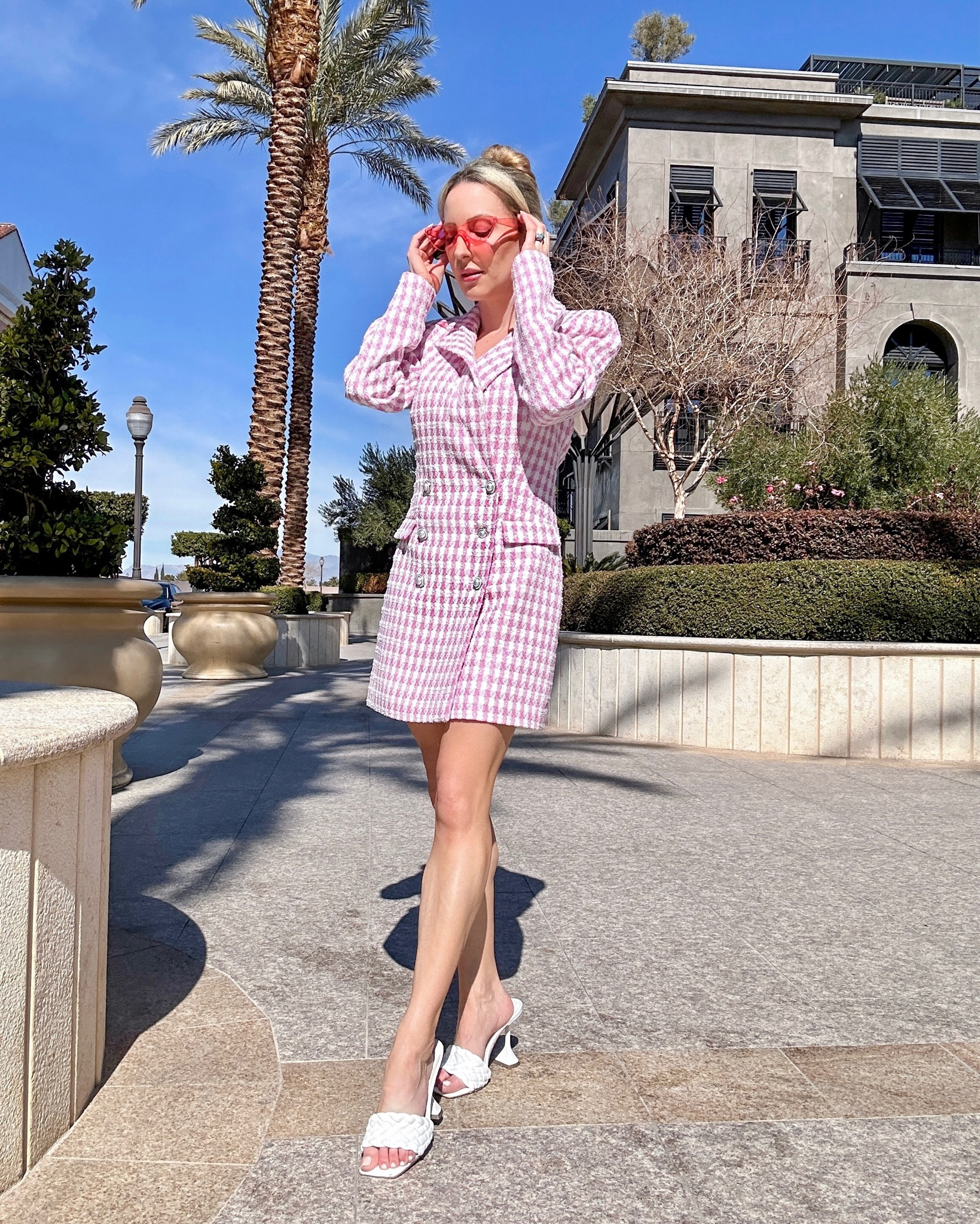 Pink aesthetic spring outfit: pink and white boucle blazer dress, white braided mules, pink cat eye sunglasses which were an absolute bargain!!!

#LTKSeasonal #LTKFind #LTKstyletip