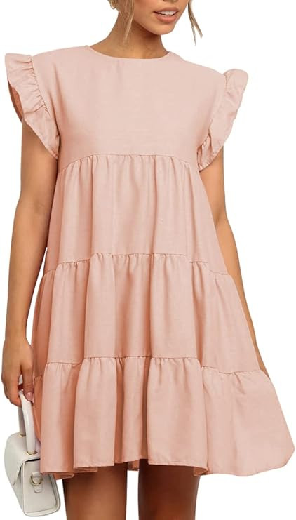 IHOT Women Summer Casual Babydoll Ruffle Sleeve Crew Neck Sleeveless Flowy Mini Short Tunic Dress | Amazon (US)