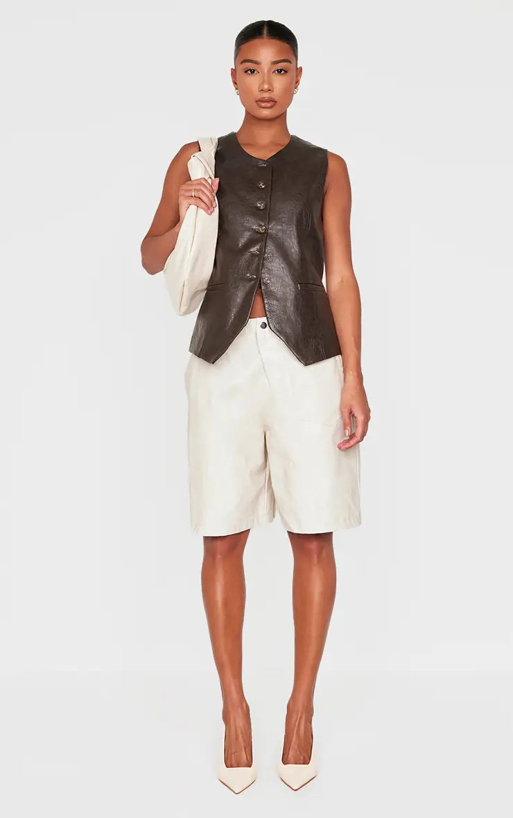Brown PrettyLittleThing Faux Leather Long Line Button Up Waistcoat | Boohoo USA | boohoo (US & Canada)