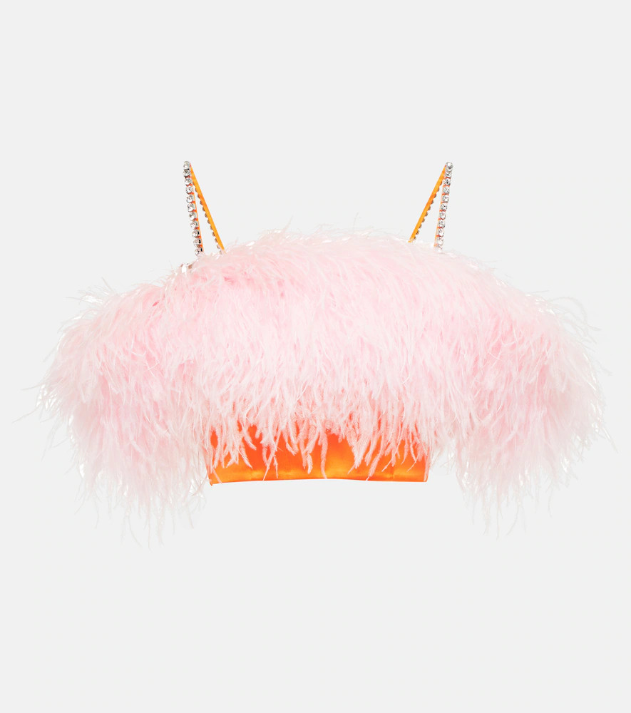 Self-Portrait Feather-trimmed satin crop top | Mytheresa (UK)