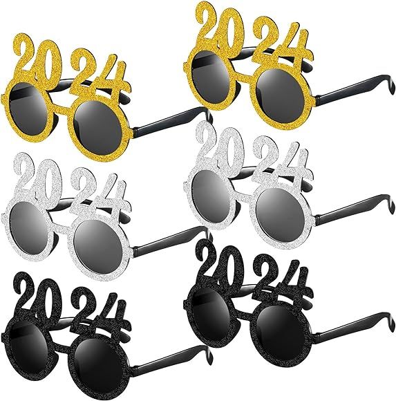 Kanayu 6 Pcs 2024 Happy New Year Eyeglasses 2024 Glitter New Year Party Sunglasses Funny Gold Sil... | Amazon (US)