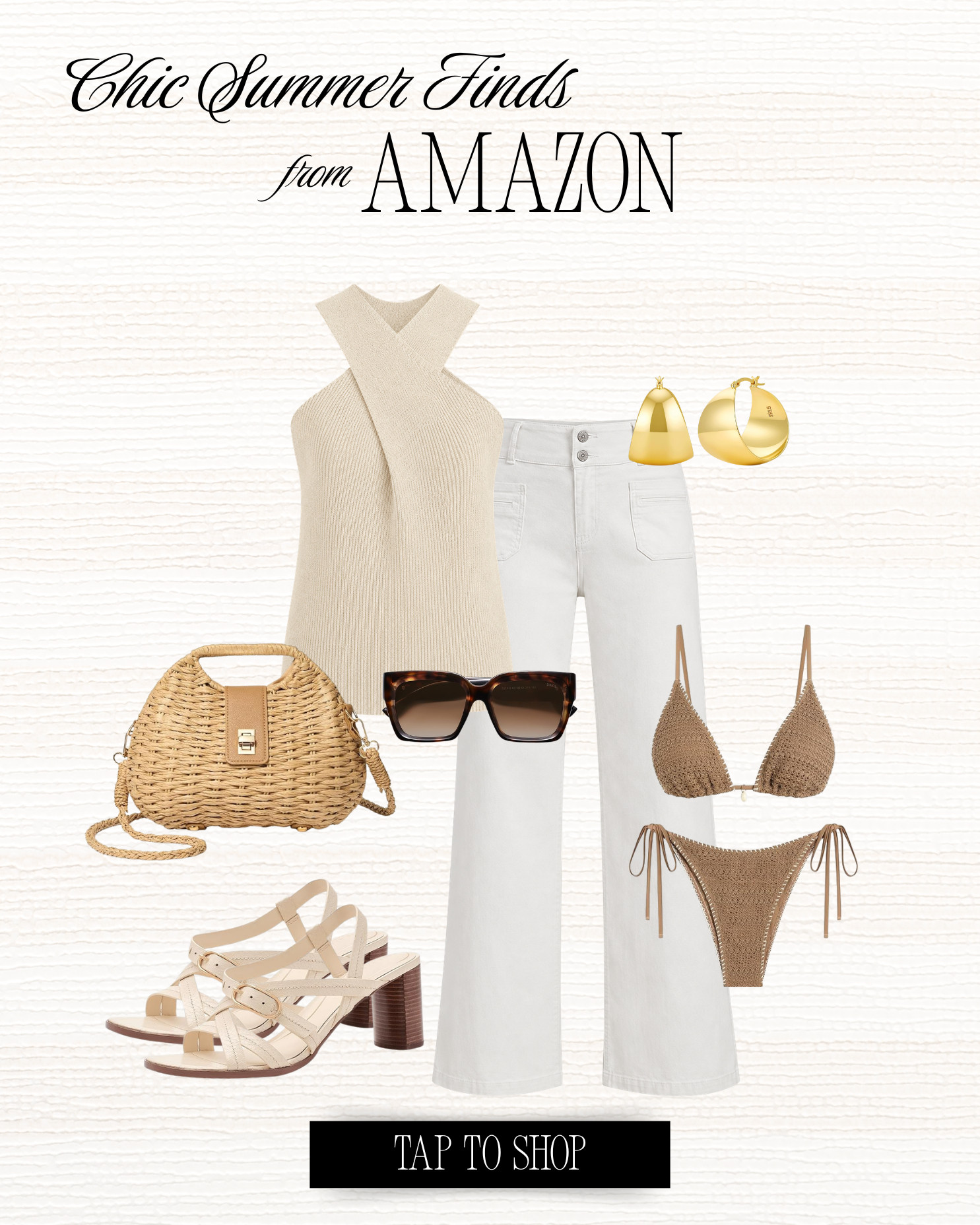The perfect mix of quiet luxury and coastal chic with white denim, woven handbags, gold jewelry, and summer wardrobe staples! 

 #LTKSeasonal #LTKSwim #LTKTravel
