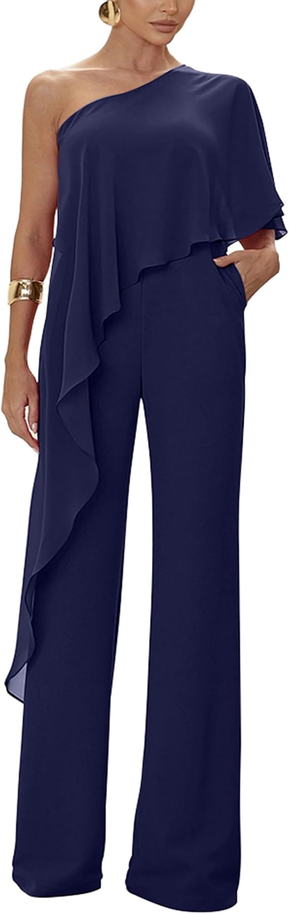 YMDUCH Women's Dressy One Shoulder Short Sleeve Long Pants Jumpsuit | Backless,Wide Leg,Casual,El... | Amazon (US)