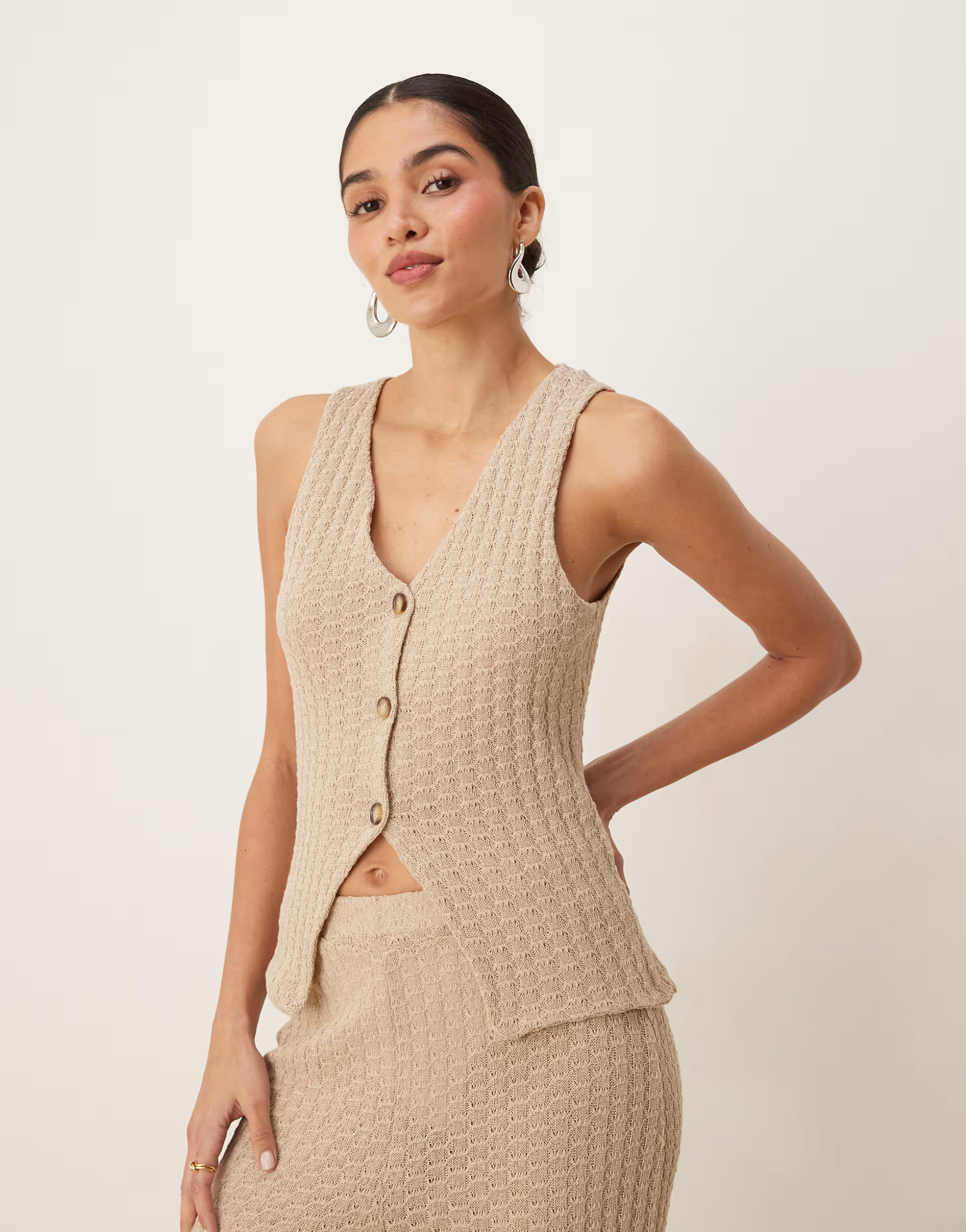 ASOS DESIGN co-ord knit button through sleeveless waistcoat in stone | ASOS | ASOS (Global)