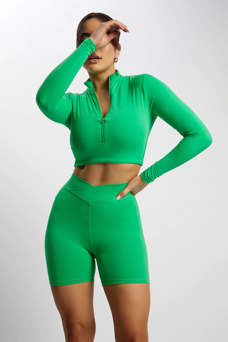Greta Zip Up Long Sleeve Crop Top - Bright Green | MESHKI US