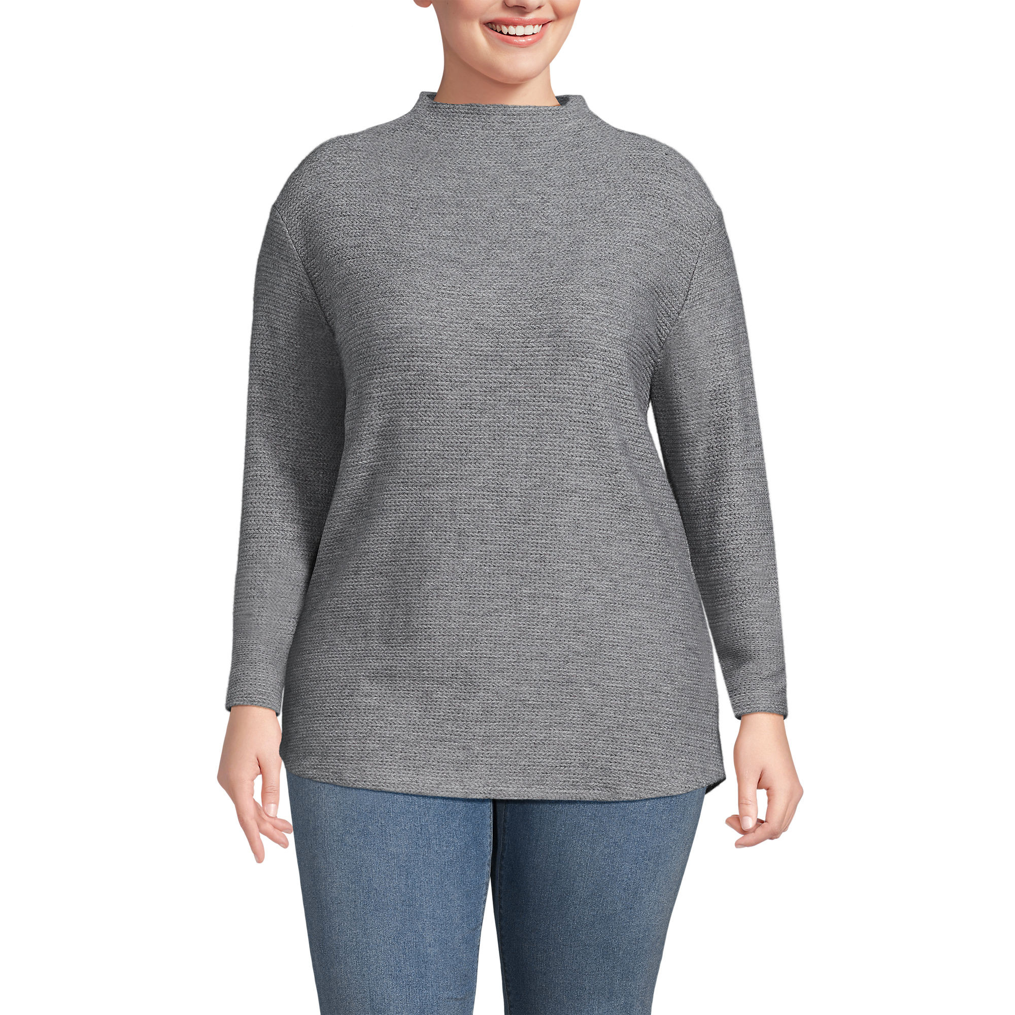 Women's Plus Size Cable Ottoman Relaxed Long Sleeve Funnel Neck Tunic | Lands' End (US)