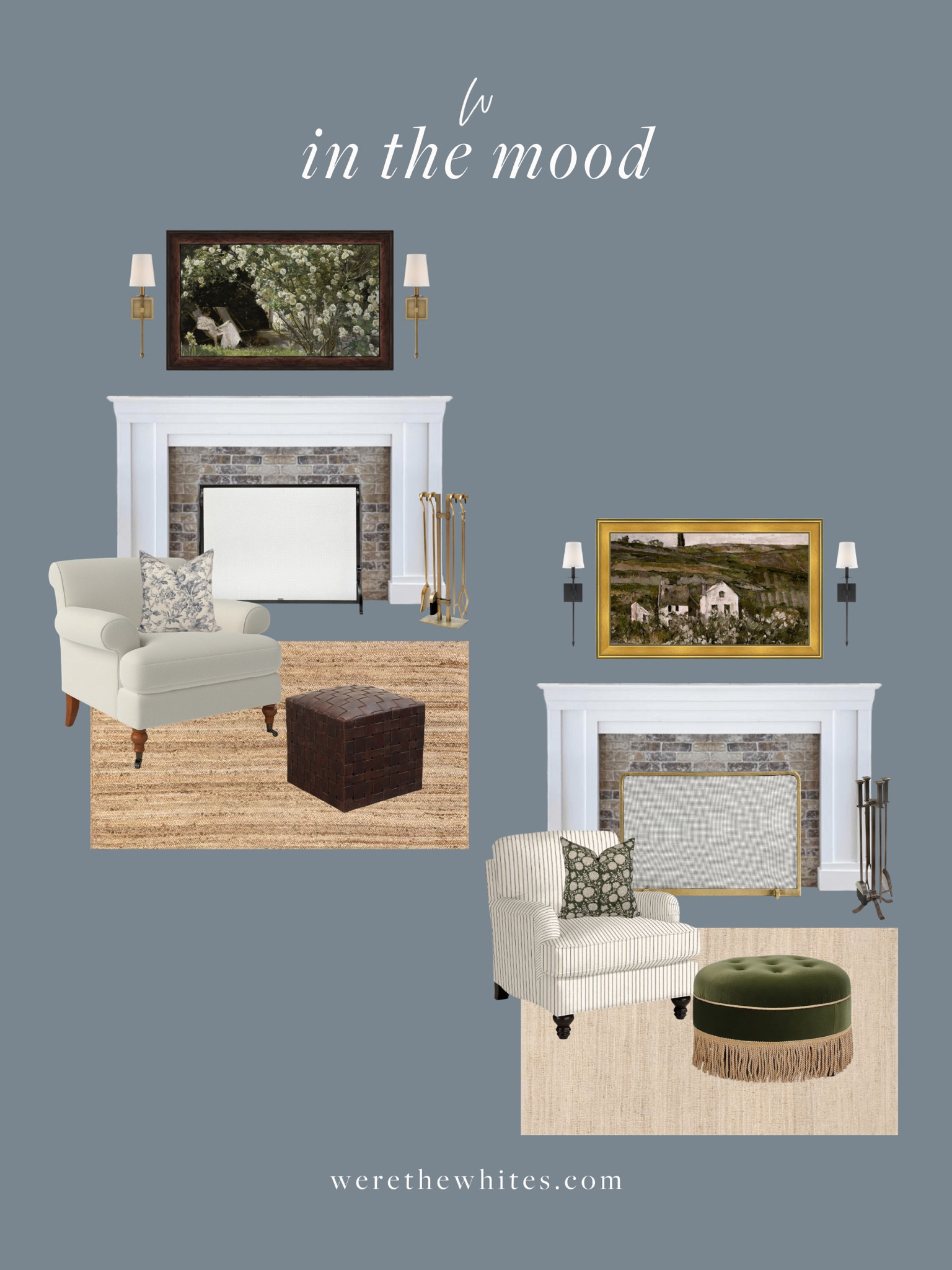 In the Mood: Cozy Fireplace Styling. When styling any space in our home, I love mixing finishes and metals. You’ll often see that I mixed brass with polished chrome, or wrought iron / black too. It helps create a really cohesive look and balance throughout the space. You’ll also notice that if I introduce a color, I’ll try to add in another piece of that same color or tone to create that balance. For example, the leather ottoman plays of the TV frame so well in this first design, and the TV frame and the fireplace screen create balance in the second design! 

#LTKhome #LTKstyletip