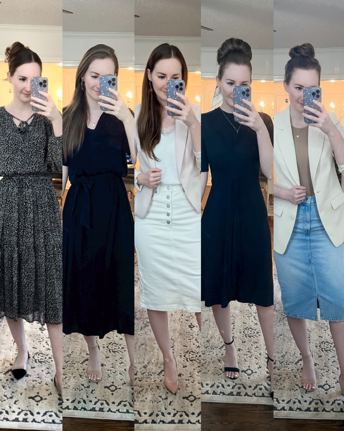 Modest transitional work outfits, midi dress outfits 
Leopard dress: 2
Black collared dress: small
Pink blazer: XS
White skirt: 4
Black knot dress: XS
Cream blazer: XS
Bodysuit: small
Denim skirt: from Zara, medium 

#LTKworkwear #LTKSeasonal #LTKstyletip