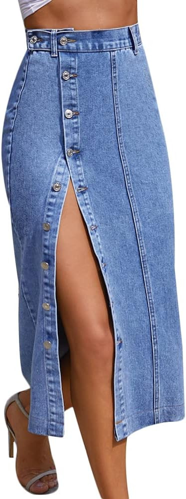 Gediffwer Women's Button Up Side Slit Denim Midi Skirt Casual High Waist Slim Fit Jean Pencil Ski... | Amazon (US)
