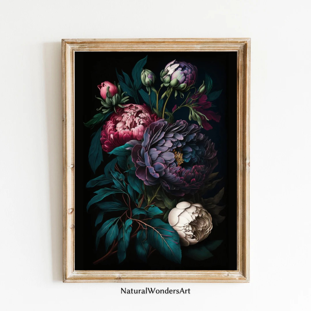 Color Peony Painting Flower Wall Art Dark Floral Print Dark Academia Decor Jewel Tone Decor Flora... | Etsy (US)