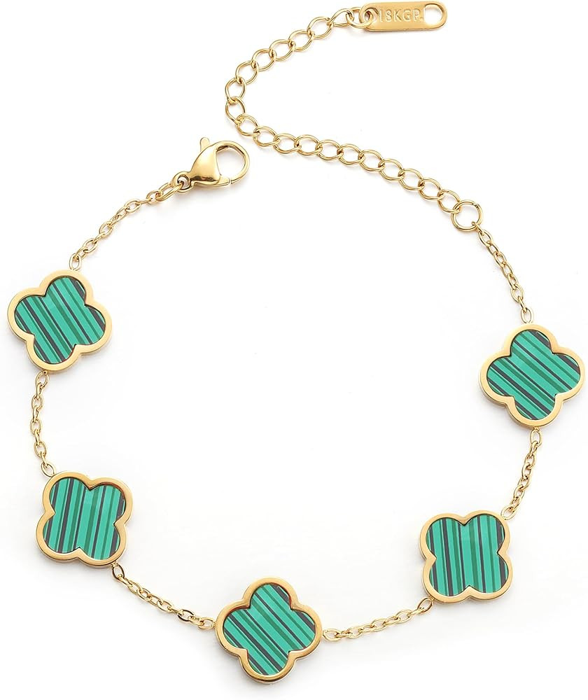 18K Gold Plated Clover Lucky Bracelet for Women White/Black/Red/Green Flower Four Leaf Link Brace... | Amazon (US)