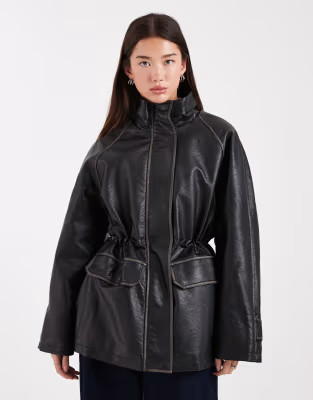 ASOS DESIGN funnel neck washed leather look jacket in black | ASOS (Global)