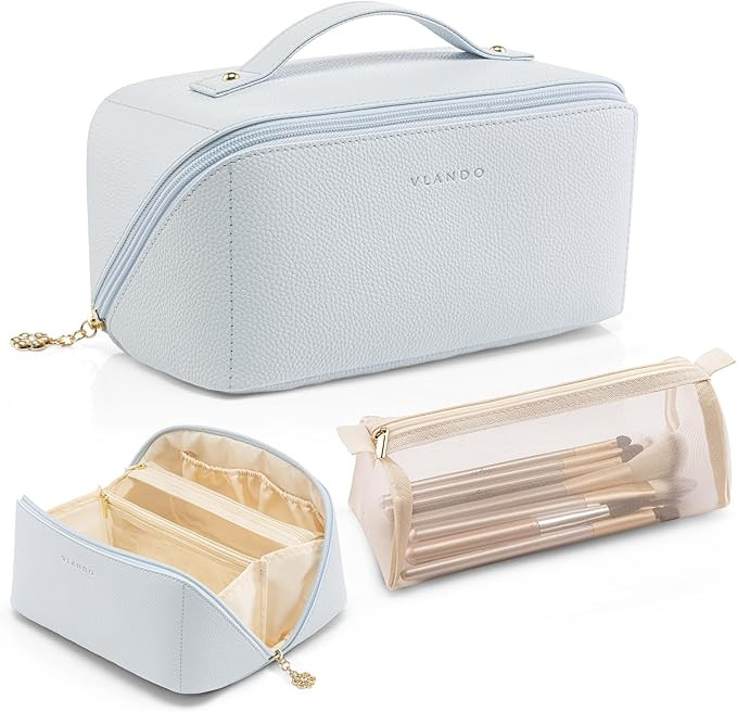 Vlando Makeup Bag,Large Capacity Toiletry Bag for Women Waterproof Portable Make up Pouch PU Leat... | Amazon (US)