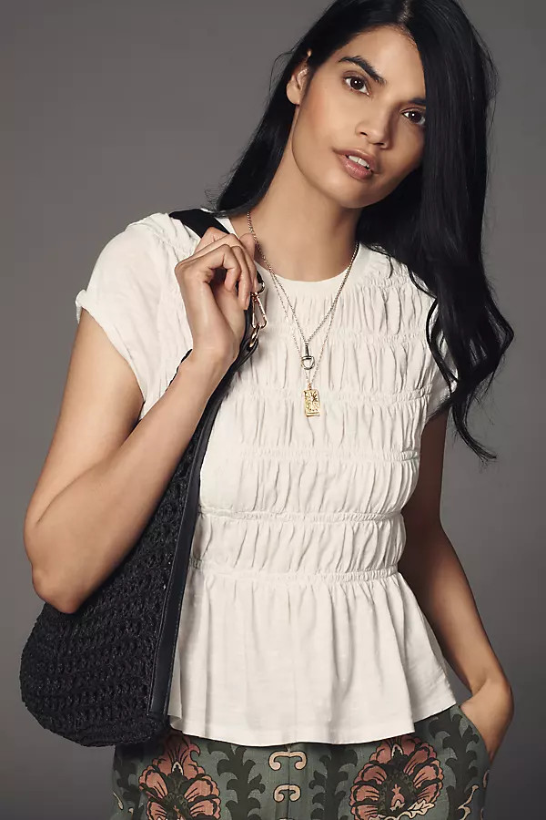 Pilcro Garment Dye Ruched Crew-Neck Cap-Sleeve Tee | Anthropologie (US)