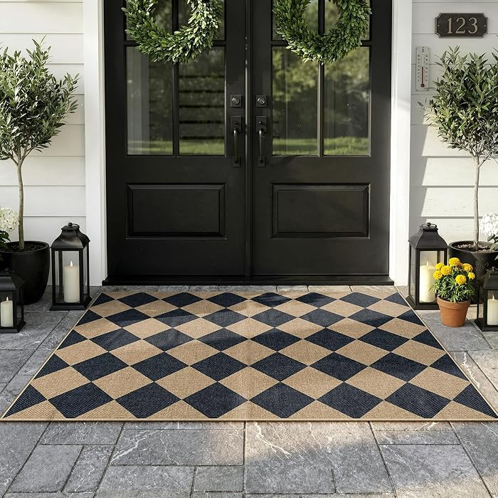 Lahome Checkered Easy Jute 3x5 Entryway Front Porch Rug, Black Diamond Indoor Outdoor Patio Layer... | Amazon (US)