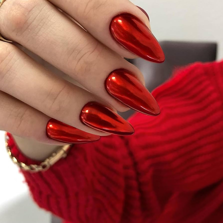 Orange Red Chrome Press on Nails Medium Almond,KQueenest Mirror Metal Stiletto Fake Acrylic Nails... | Amazon (US)