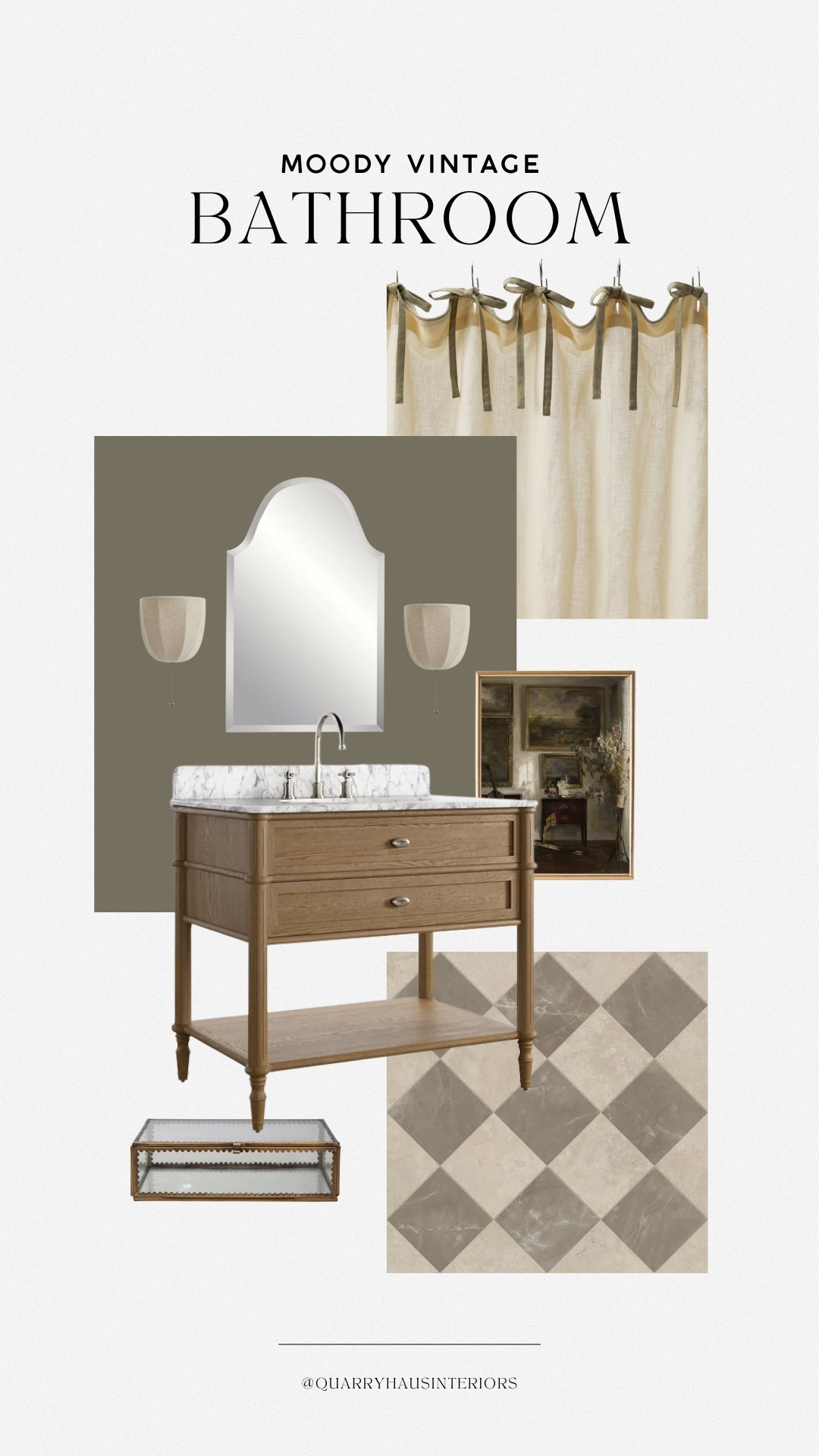 Moody vintage bathroom design 🤎 paint color shown is Gloucester Sage by Benjamin Moore

Modern European hall powder half primary bath design decor vanity lighting showerr

#LTKHome
