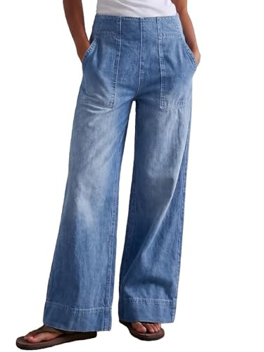 Women's Wide Leg Jeans Soft Baggy Low Mid Rise Elastic Waist Pull On Denim Pants Trendy Y2k | Amazon (US)
