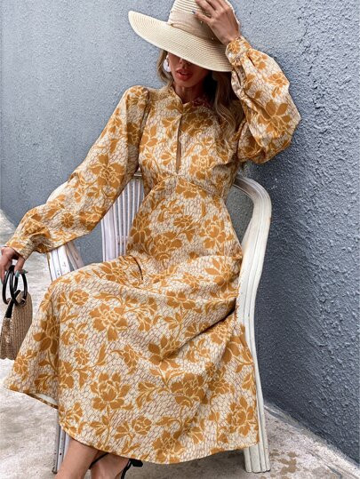 Floral Bishop Sleeve Backless A-line Dress | SHEIN