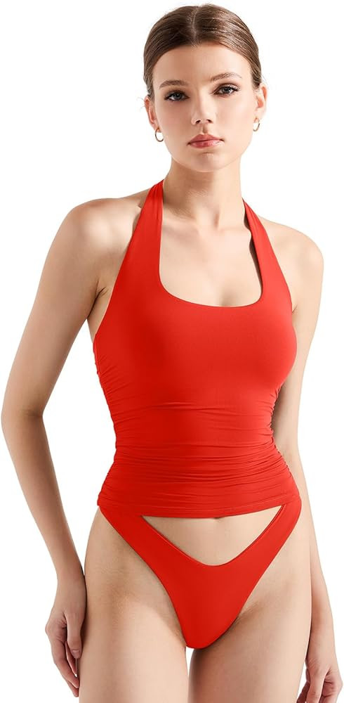 SUUKSESS Women Halter Tank Tops Double Lined Backless Y2K Trendy Going Out Tops | Amazon (US)