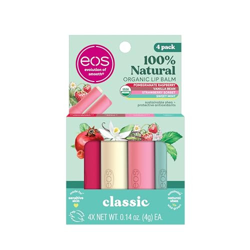 eos 100% Natural & Organic Lip Balm Sticks- Strawberry Sorbet, Vanilla Bean, Sweet Mint & Pomegranate Raspberry, Lip Care Products, 0.14 oz, 4-Pack | Amazon (US)