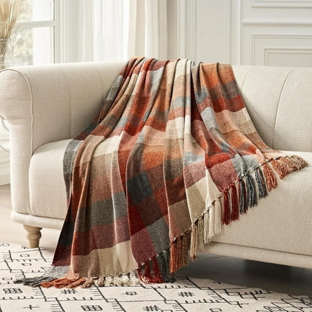 EVERGRACE Plaid Chenille Throw Blanket for Couch, Super Soft Cozy Decorative Fall Throw Blanket with Tassels for Bed Sofa Gift, Lightweight Harvest Plaid Throw Blanket for Autumn 50”x60” | Walmart (US)