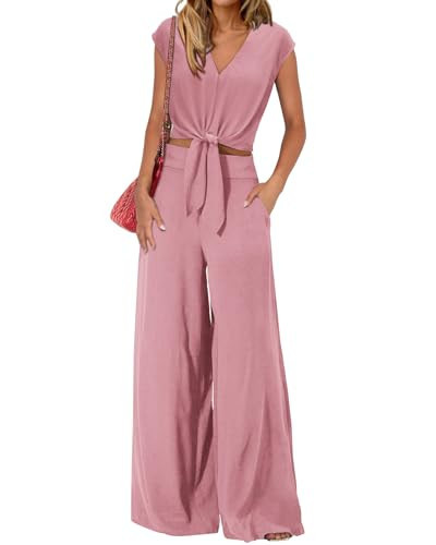 PRETTYGARDEN Ladies 2 Piece Outfits Plain Crop Tops Loose Fit Wide Leg Pants With Pockets Cute Summer Matching Sets(Solid Pink,XX-Large) | Amazon (US)
