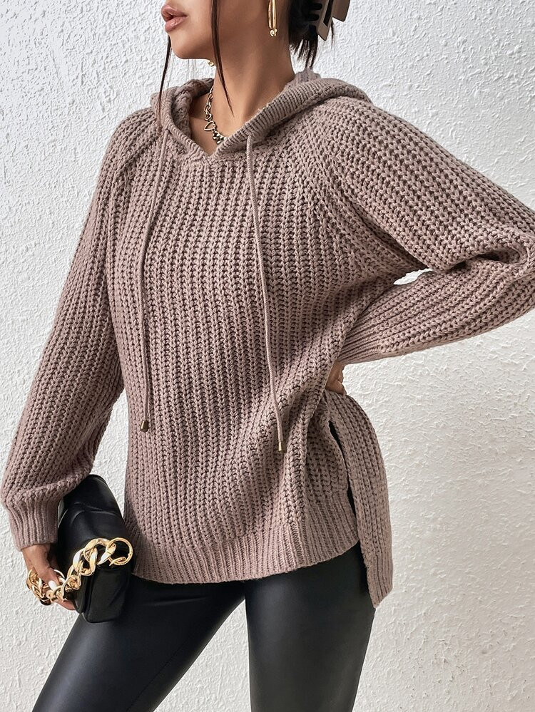 Raglan Sleeve Split Hem Drawstring Hooded Sweater | SHEIN