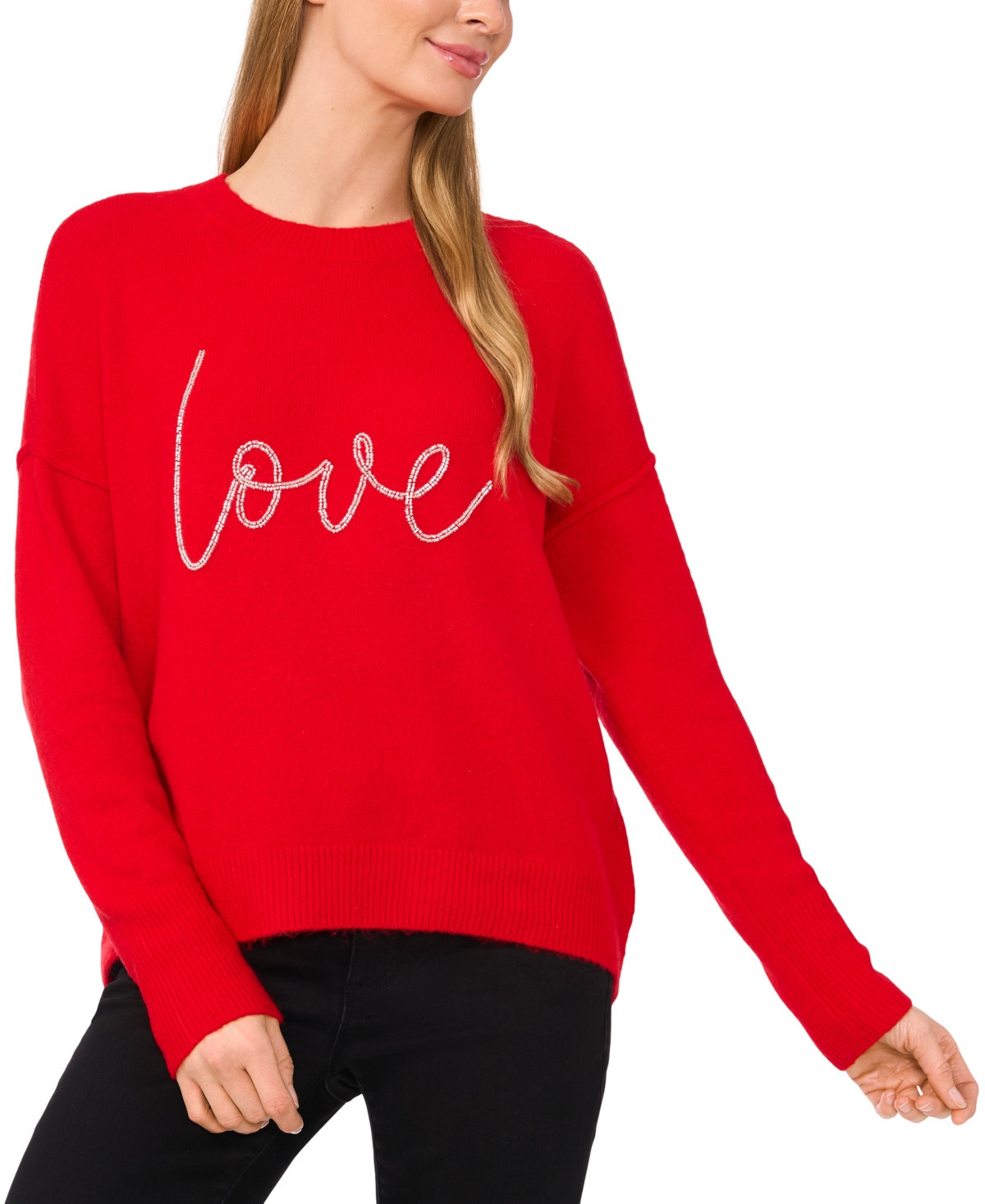 CeCe Women's Beaded Love Script Crewneck Long-Sleeve Sweater - Bright Cherry | Macy's