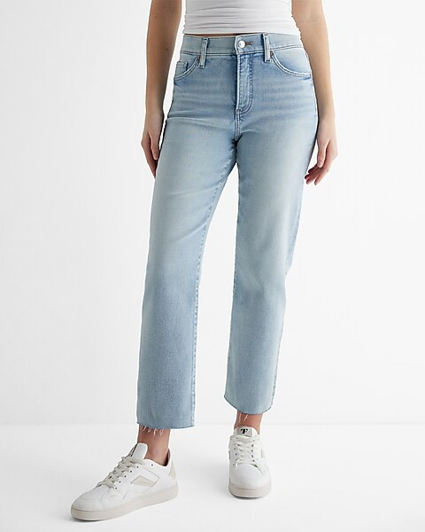 High Waisted Light Wash Raw Hem Straight Ankle Jeans | Express