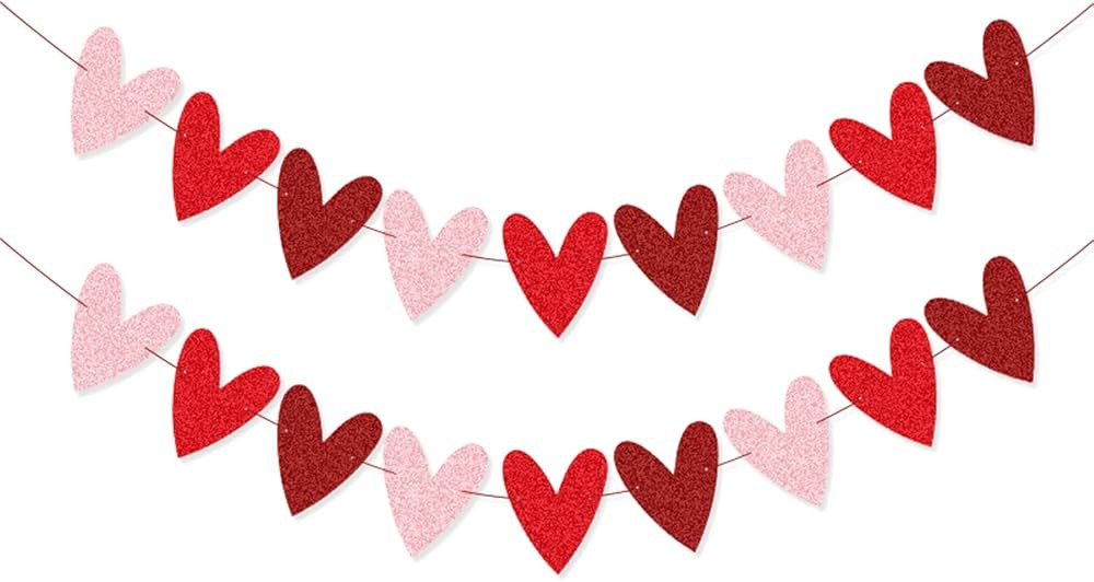 XIANMU 2 Pack Glittery Heart Banner Garland Valentines Day Decorations Pre-Strung Romantic Heart ... | Amazon (US)